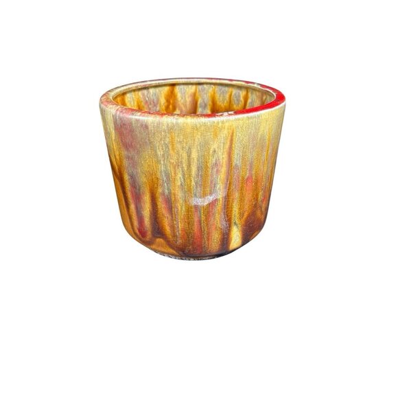 Vintage California USA Pottery Plant Pot Bowl 6x7" Orange Gold Drip Mid Century - Picture 5 of 10